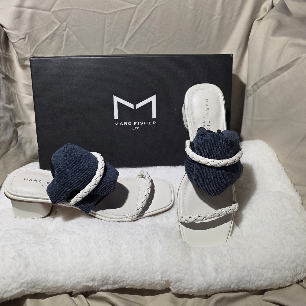 Marc Fisher Navy & White Braided Slide Sandals